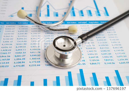 Stethoscope and US dollar banknotes on chart or graph paper, Financial, account, statistics and business data  medical health concept. 137696197
