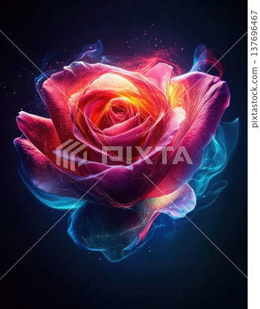Blooming Rose with Dissolving Petals into Neon Constellations 137696467