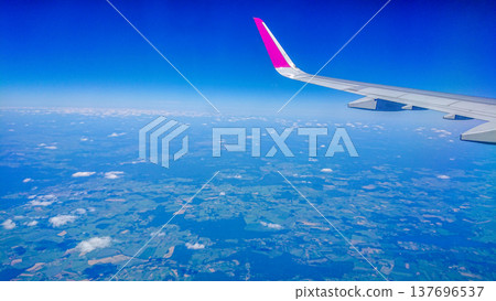 Aftersunset sky, bright blue, dotted with soft white clouds 137696537