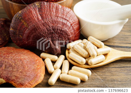 Lingzhi or Reishi mushroom with capsules, organic natural healthy food. 137696623