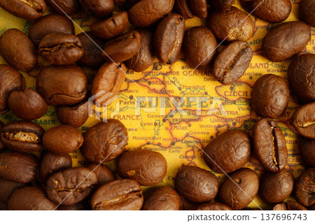 Bangkok, Thailand March 12, 2023 Coffee bean on world map, shopping online for export or import. 137696743