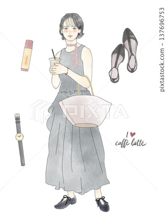 Illustration set of a woman holding an iced cafe latte and fashion accessories (summer clothing) 137696753