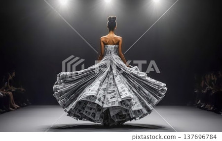 Fashion Model Wearing Newspaper Dress on Runway Fashion Model Wearing Newspaper Dress on Runway 137696784