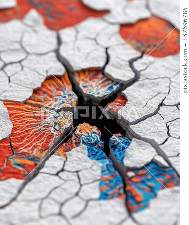 Cracked Surface Revealing Hidden Vibrant Patterns Beneath 137696785