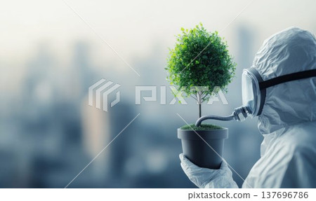 Scientist in Protective Suit Breathing Through a Tree 137696786