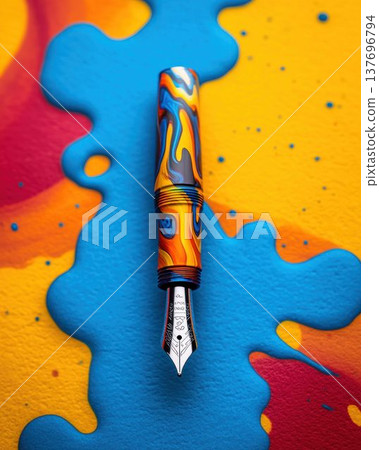Fountain Pen Creating Vibrant Ink Art with Colorful Splashes 137696794