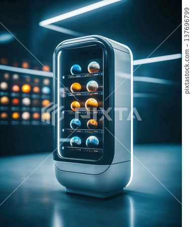 Futuristic Refrigerator Storing Glowing Planets in Neon Light 137696799