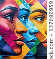 Vibrant Multicolored Street Art Portrait on Textured Wall 137696959