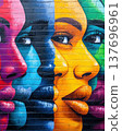 Vibrant Multicolored Street Art Portrait on Textured Wall 137696961