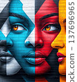 Vibrant Multicolored Street Art Portrait on Textured Wall 137696965