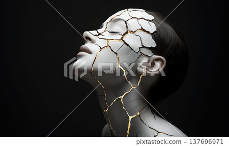 Sculptural Human Face with Golden Cracks 137696971