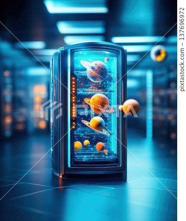 Futuristic Refrigerator Storing Glowing Planets in Neon Light 137696972