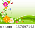 Natural background illustration of spring flowers and butterflies, green waves and flower frame, vector with copy space. 137697148