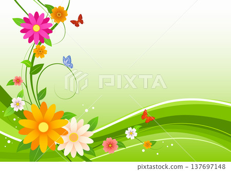 Natural background illustration of spring flowers and butterflies, green waves and flower frame, vector with copy space. 137697148