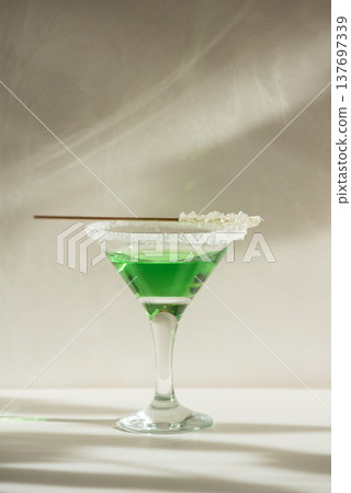 Green Martini Cocktail with Rock Candy. Festive St. Patricks Day Celebration Still Life Green Martini Cocktail with Rock Candy. Festive St. Patricks Day Celebration Still Life 137697339
