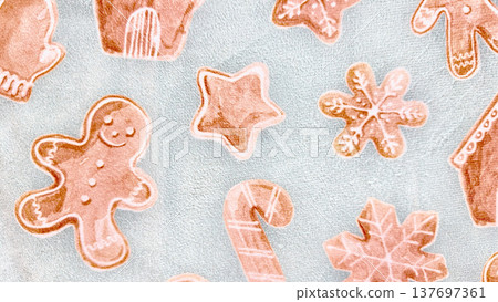 festive gingerbread cookie pattern with star, snowflake, candy cane and house shapes on soft blue background for holiday web design, winter branding, wrapping paper or print media use festive gingerbread cookie pattern with star, snowflake, candy cane and house shapes on soft blue background for holiday web design, winter branding, wrapping paper or print media use 137697361