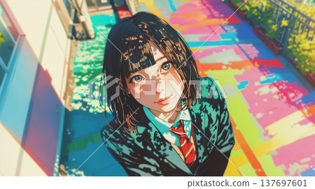 A cute high school girl looking at the camera 137697601