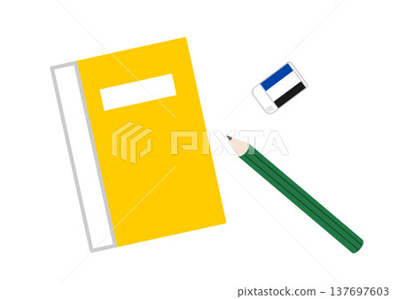Notebook, pencil, and eraser; image of studying/learning; copy space. 137697603