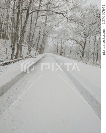 Winter roads in Kushiro Marshland: Tire tracks remaining on the snowy roads. 137697641