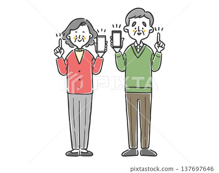 A set of full-body vector illustrations of a senior couple explaining something while holding a smartphone. A set of full-body vector illustrations of a senior couple explaining something while holding a smartphone. 137697646
