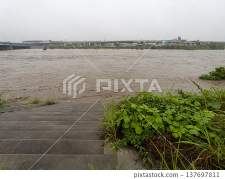 A view of the Yamato River when it has reached the flood danger level. 137697811