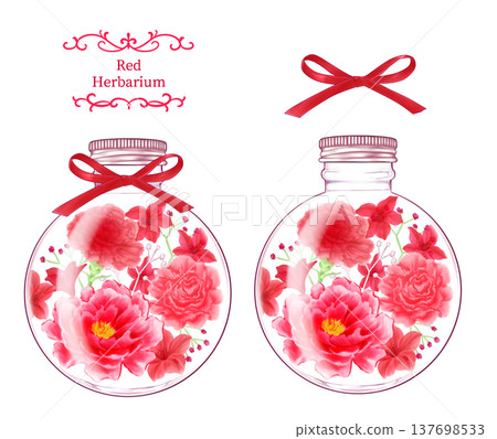 Red flower herbarium in a round bottle 137698533