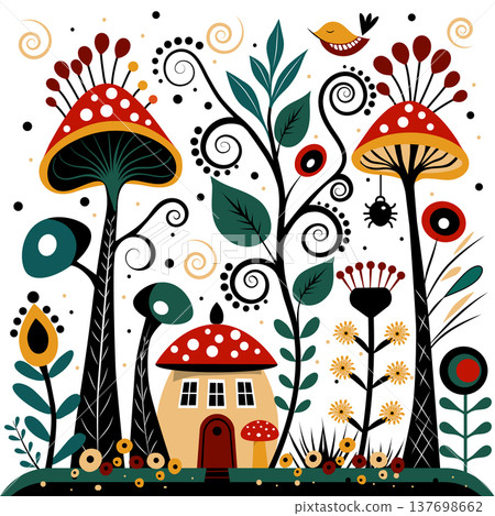 Whimsical folk art vector illustration with a fantasy mushroom house surrounded by decorative plants, mushrooms, flowers and spiral ornaments. Scandinavian inspired flat design with bold colors and Whimsical folk art vector illustration with a fantasy mushroom house surrounded by decorative plants, mushrooms, flowers and spiral ornaments. Scandinavian inspired flat design with bold colors and 137698662