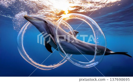 畫面顯示海豚在海裡嬉戲，製造出圓形的泡泡圈。 137698695