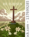 He Is Risen Poster Easter Cross with Lily Flowers and Sun Rays 137699285