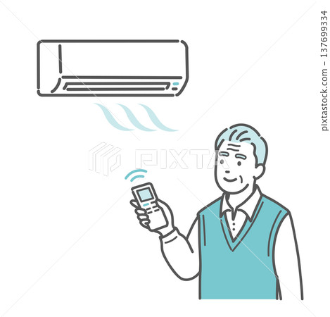 An illustration of an elderly man adjusting the room temperature with an air conditioner (cooling). 137699334