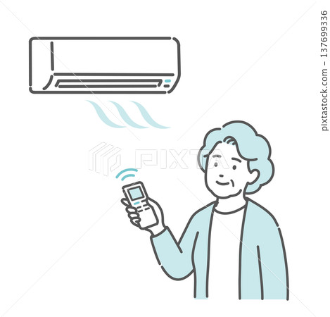 An illustration of an elderly woman adjusting the room temperature with an air conditioner (cooling). An illustration of an elderly woman adjusting the room temperature with an air conditioner (cooling). 137699336