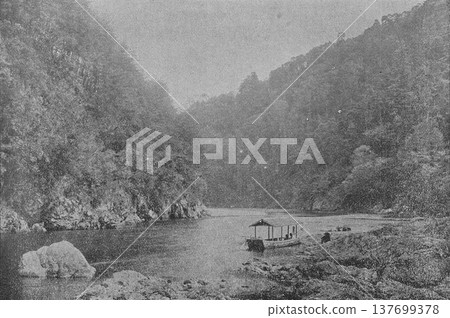 Old photograph, 1894, Kyoto, houseboat in Arashiyama. 137699378