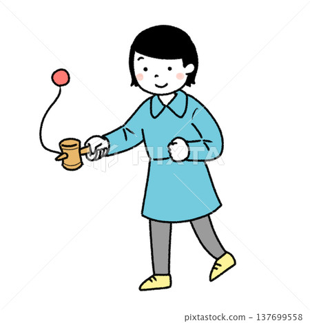 一幅簡單的插圖，描繪了一個女孩在玩劍玉（一種日本杯球遊戲）。 137699558