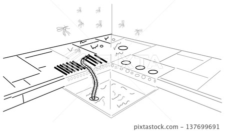 kitchen drain full of waste water where mosquitoes gather and multiply causing home sanitation risk 137699691