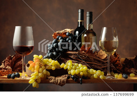 White and red wine with bunches of grapes. White and red wine with bunches of grapes. 137699699