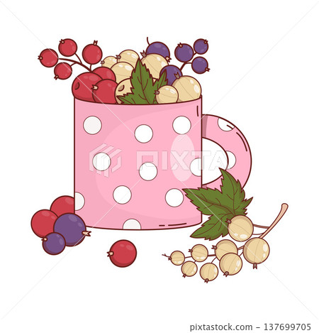 Fresh Red, Black and White Currant Berry Mix in Pink Polka Dot Ceramic Mug. Isolated on White Background. Summer Harvest. Healthy Food Concept. Vector Illustration Fresh Red, Black and White Currant Berry Mix in Pink Polka Dot Ceramic Mug. Isolated on White Background. Summer Harvest. Healthy Food Concept. Vector Illustration 137699705
