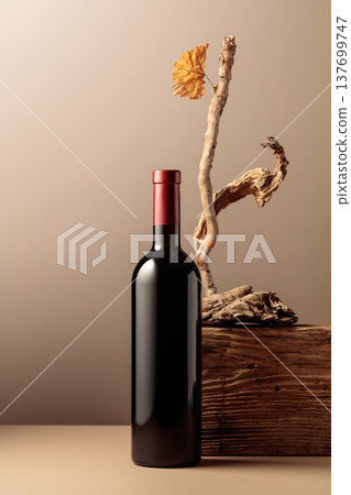 Bottle of red wine with a composition of old wood. Bottle of red wine with a composition of old wood. 137699747