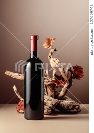 Bottle of red wine with a composition of old wood. Bottle of red wine with a composition of old wood. 137699748