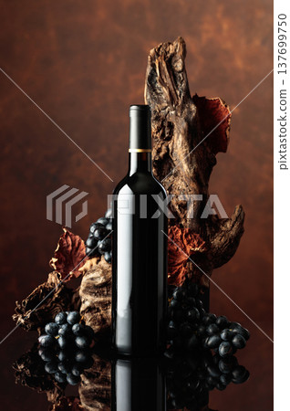 Bottle of red wine with an old snag and blue grapes. Bottle of red wine with an old snag and blue grapes. 137699750