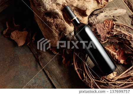 Bottle of red wine on a vintage rustic background. Bottle of red wine on a vintage rustic background. 137699757