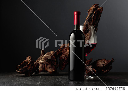 Red wine and old weathered snag on a black stone table. 137699758
