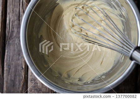 Muffin batter mixed with a whisk; a dessert made with pancake mix. 137700082