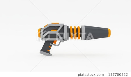 Futuristic toy ray gun with orange and gray design on white background Futuristic toy ray gun with orange and gray design on white background 137700322