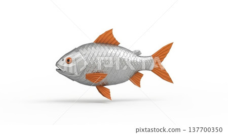 Origami-inspired geometric fish with metallic scales and orange accents on white background 137700350