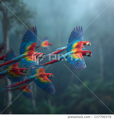 A flock of colorful scarlet macaws flying over the rainforest. 137700378