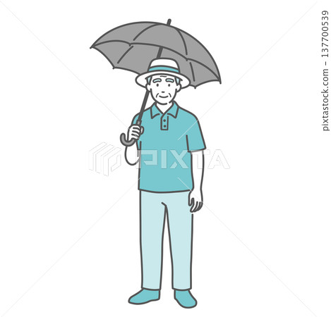 An illustration of an elderly man holding a parasol (for heatstroke prevention and UV protection). 137700539
