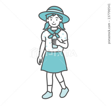 An illustration of a girl taking precautions against heatstroke by wearing a hat, neck cooler, and staying hydrated. 137700541