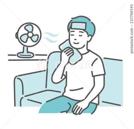 Illustration of a man cooling himself with a fan and ice packs (first aid/cooling for heatstroke) Illustration of a man cooling himself with a fan and ice packs (first aid/cooling for heatstroke) 137700543