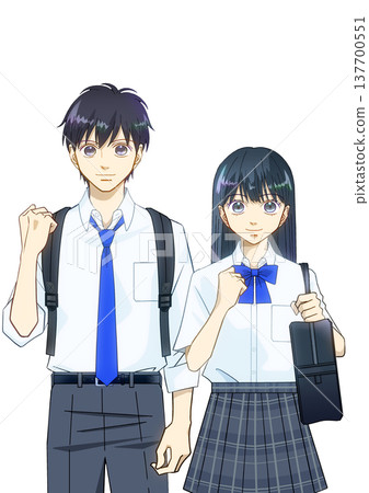 動漫風格插畫，描繪了一位身著夏裝、表情積極的學生，背著背包和書包，背景為白色。 137700551