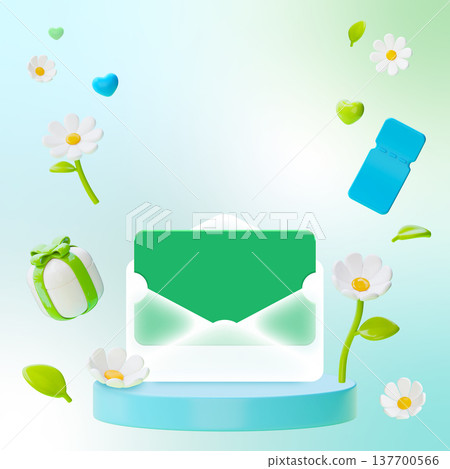 3D Spring Event Background with Podium, Empty Envelope, Daisy Flowers and Copyspace for Text 137700566